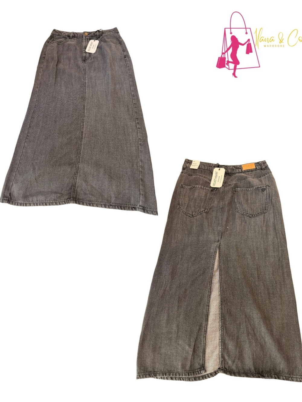 Velvet Heart Gray Denim Maxi Skirt with Back Slit